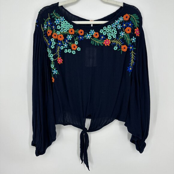 Free People Floral Embroidered Tie Front Top XS Up & Away Relaxed Navy‎ Blue - Picture 3 of 10